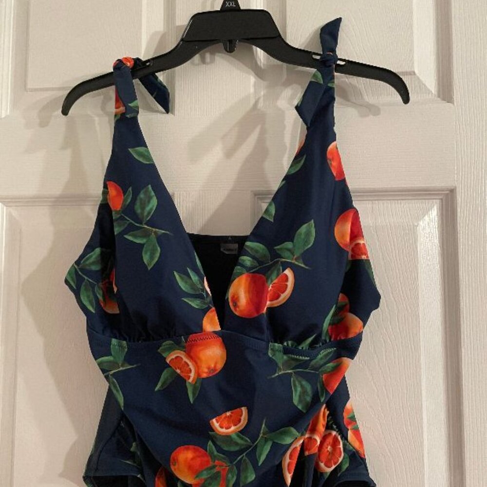 👙👙 COLORFUL CITRUS ORANGE ONE PIECE SWIM SUIT LOW CUT  - NWT - XXL w/ sarong
